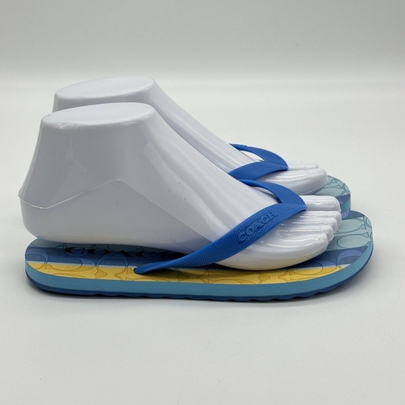 NWOT Coach Logo Zak Beach Thong Flip Flop Sandals Blue/Yellow Women’s Size 6 B - Picture 4 of 16